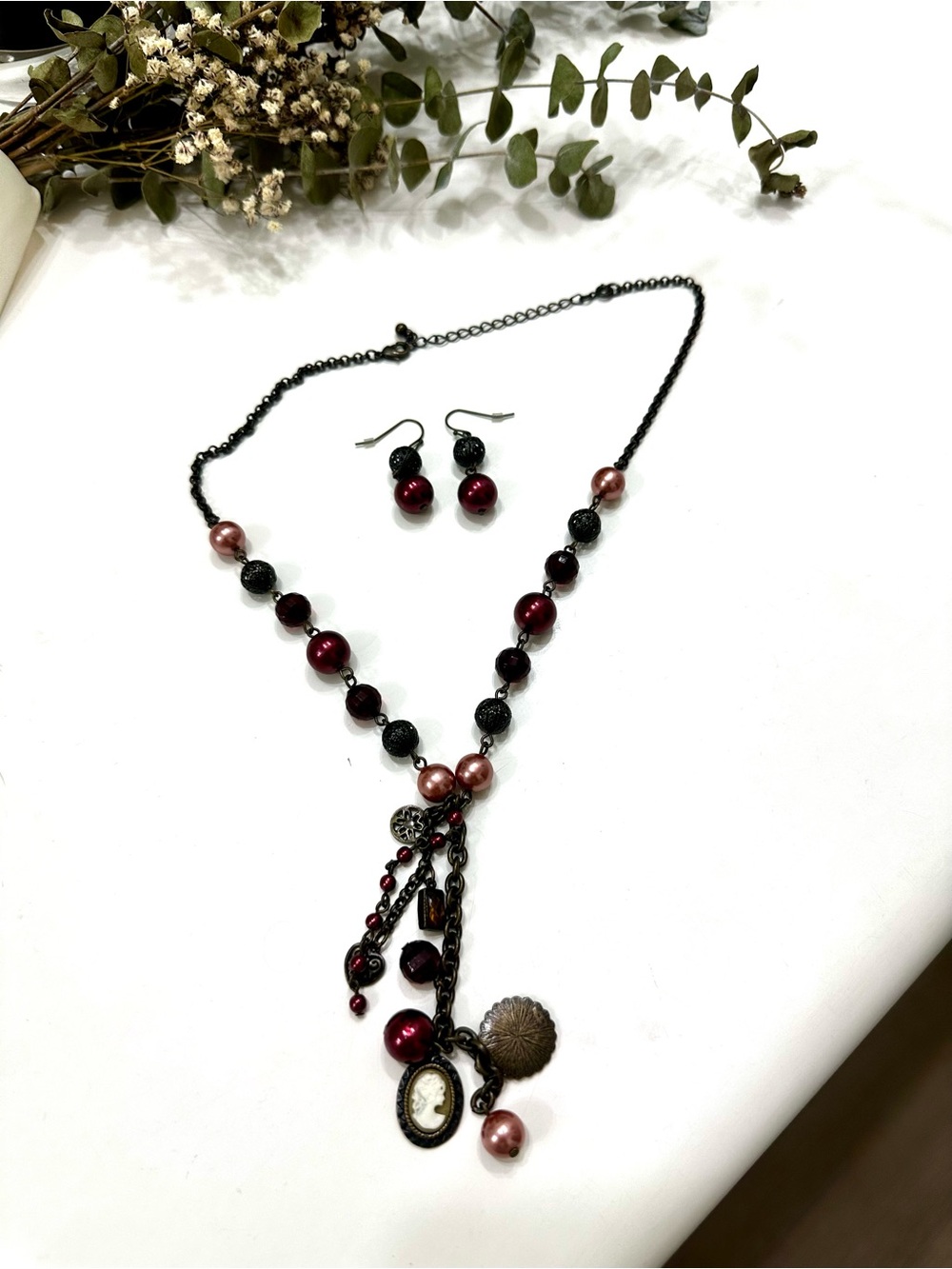 Avon Burgundy, Black and Pink Mixed Bead Charm Necklace with Earrings